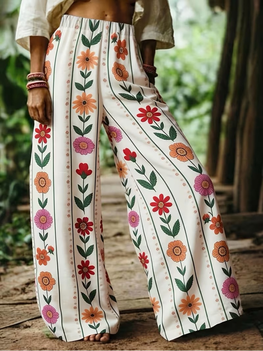 Floral Wide-Leg Polyester Palazzo Pants - Cream w/Multicolor Flowers Size Large
